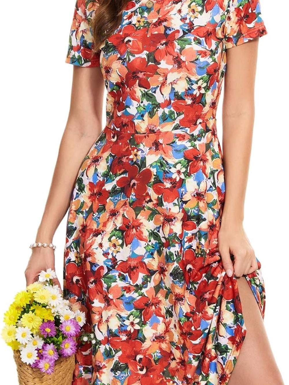 Floral Red & Multicolor Short Sleeve Midi Dress
